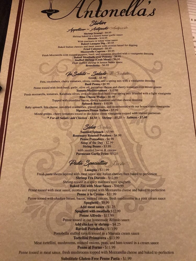 Menu at Antonella's restaurant, Fayetteville