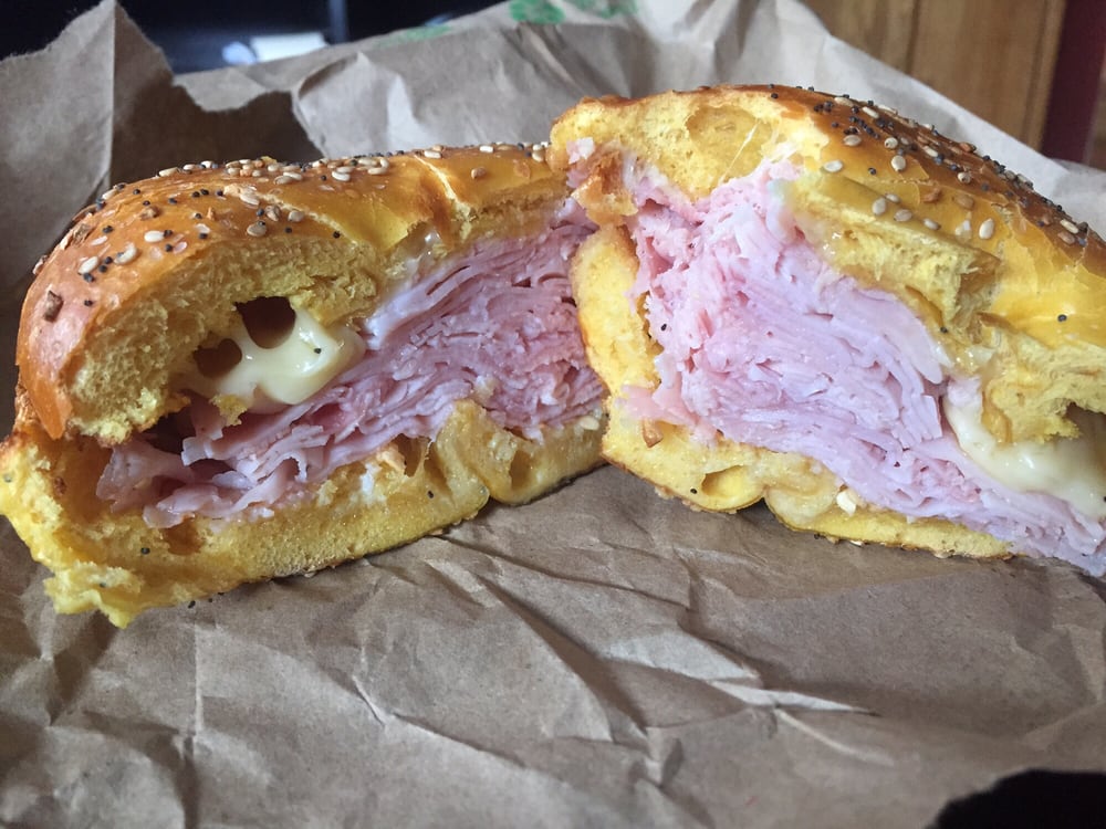 My favorite bagel there ham and Swiss cheese melt with garlic butter