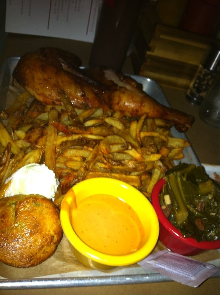 Half chicken, fries, collard greens and cornbread Yelp