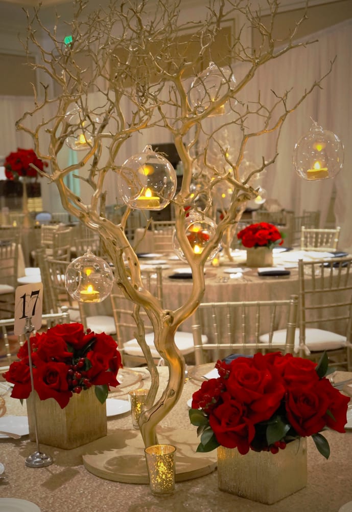 Red And Gold Themed Wedding With Roses Manzanita Tree Photo Of Village Florist Granada Hills Ca United States Red And Gold