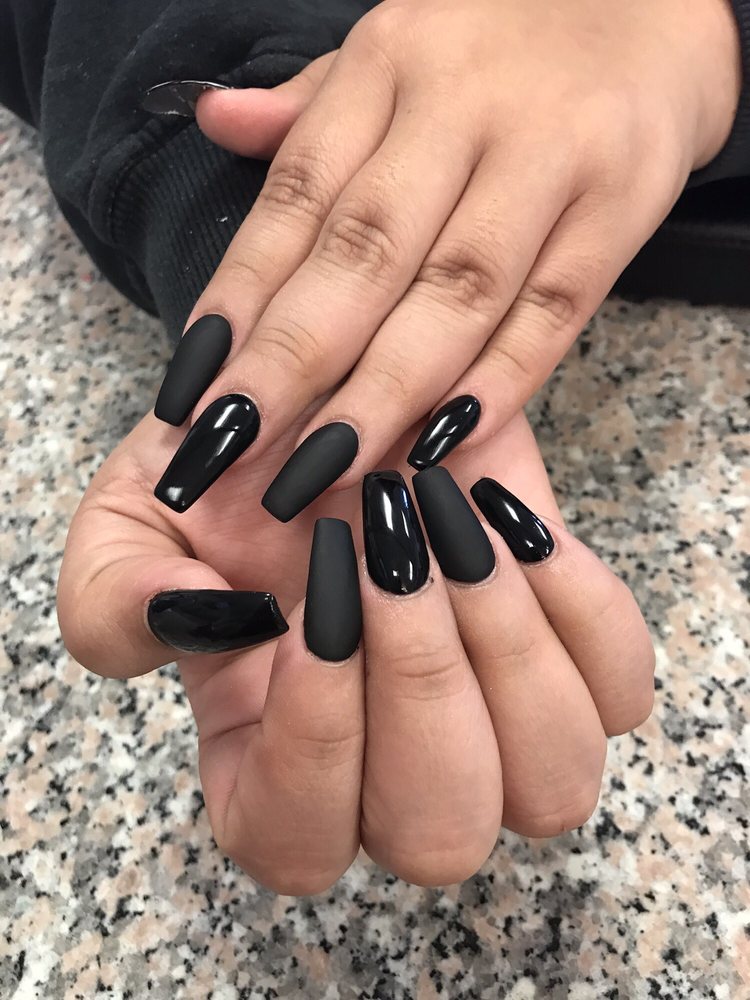 Coffin Shaped Acrylics With Black Gel Polish Half Matte Always An