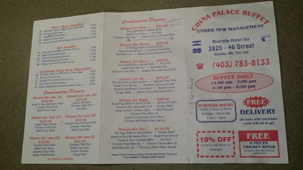 China Palace Pizza & Steakhouse Chinese 3825 46 Street, Ponoka, AB