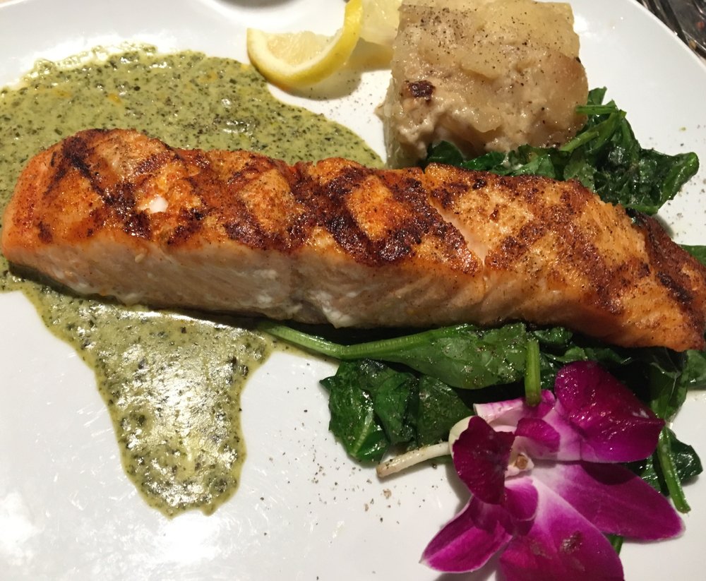 Grilled Salmon Over Spinach With Basil Pesto Sauce Yelp Photo Of The Corner Bistro Randolph Nj United States Grilled Salmon Over