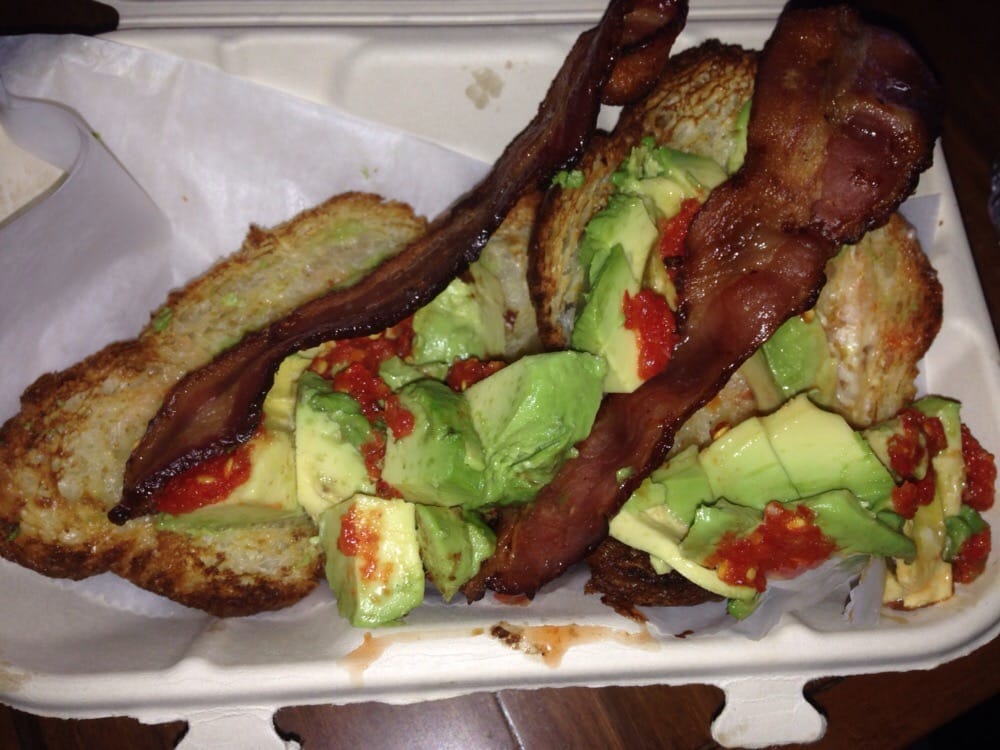 Avocado, bacon, fresh croissant, butter & homemade spicy stuff. So much