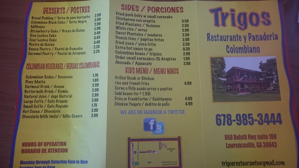 Trigos Colombian Restaurant Menu Trigos Colombian Restaurant Menu