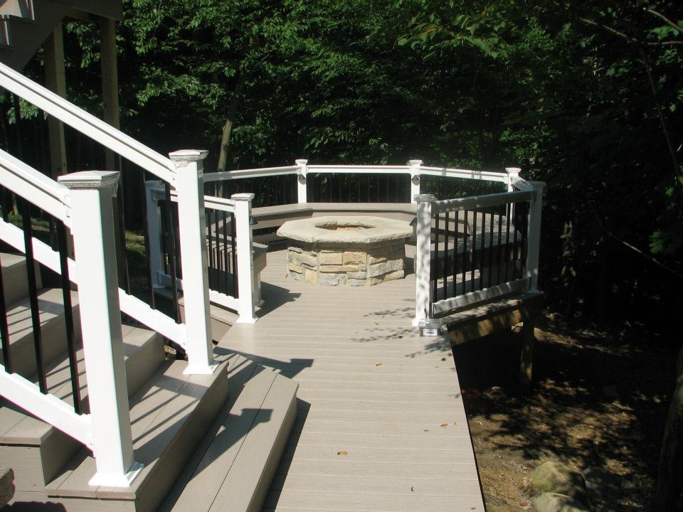 AZEK Multi Level Deck with Vinyl Railing, Lighting a Built in Fire Pit