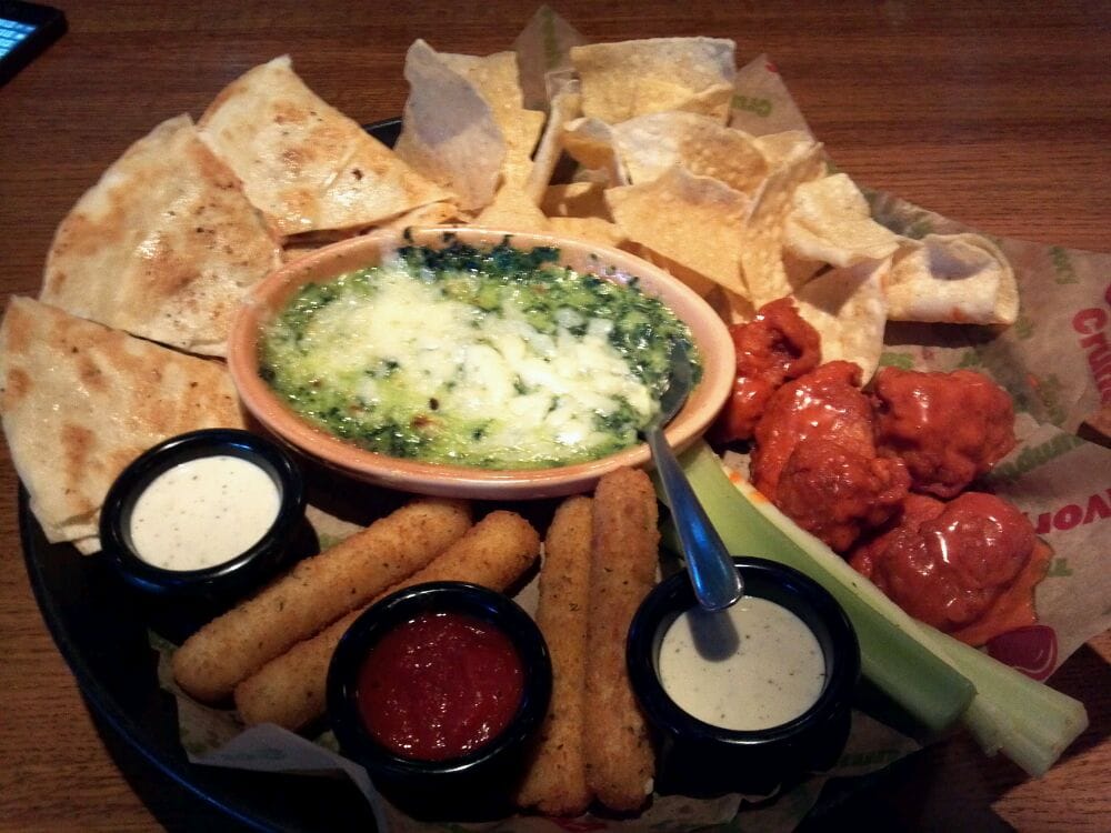 Appetizer Sampler! Wings, mozzarella sticks, quesadillas and spinach