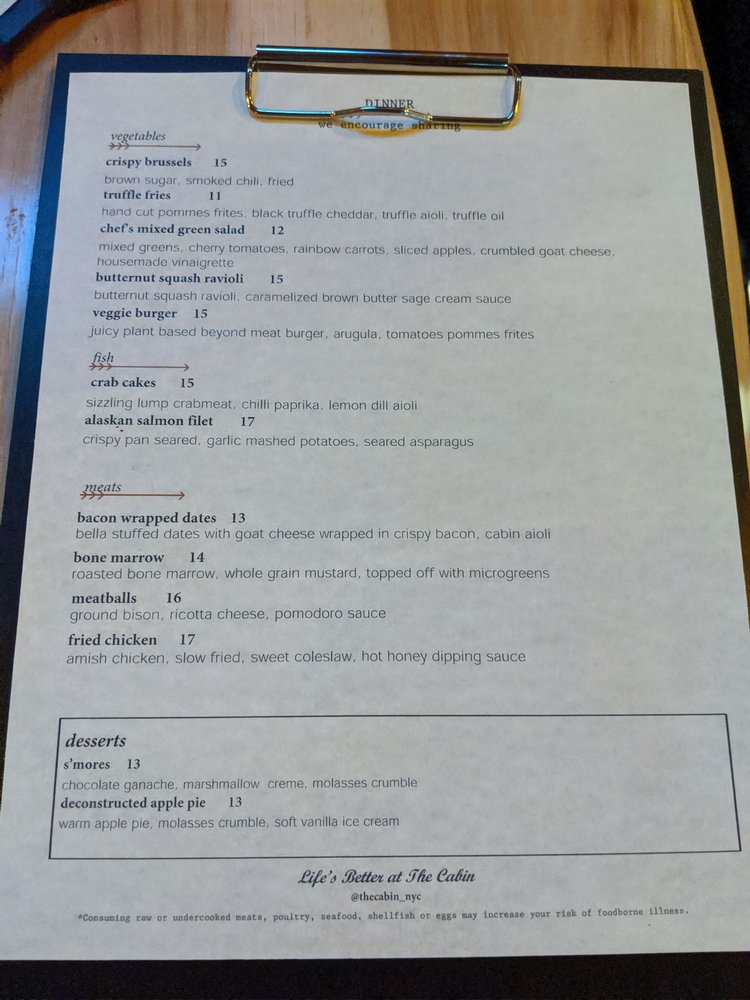 Online Menu Of The Cabin Nyc Restaurant New York New York 10009