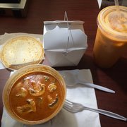 Thai Cuisine Express - Newark, NJ, United States. Tom Yum Goong soup, white rice and Thai ice tea.